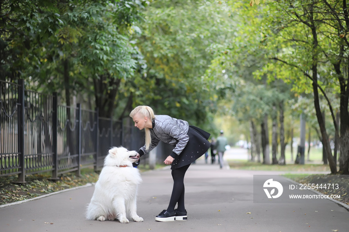 Lovely girl on a walk with a beautiful dog