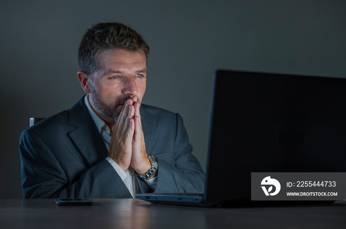 surprised workaholic  entrepreneur man working late night using laptop computer in shock and surprise with disbelief face expression in business lifestyle