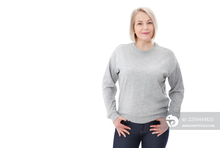 Shirt design and fashion concept. Woman in gray sweatshirt, gray hoodies, blank isolated on white background