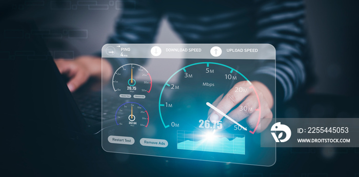 Fast internet connection with Metaverse technology concept, Hand holding smartphone and Virtual screen of Internet speed measurement,Internet and technology concept, 5G Hi speed internet concept