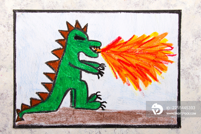 Colorful hand drawing: dragon spitting fire. Fire breathing dragon on paper.