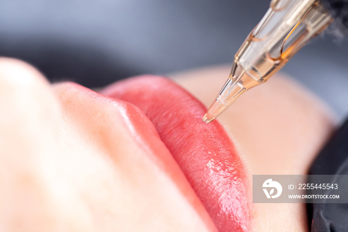 Process woman applying permanent tattoo makeup on lips in beautician salon