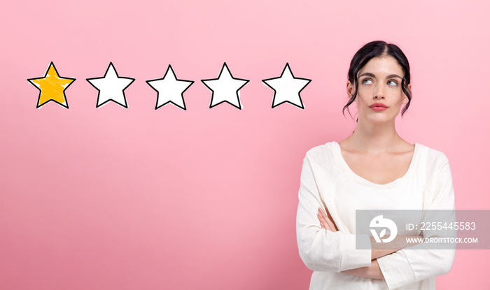 One star rating with young woman in thoughtful pose