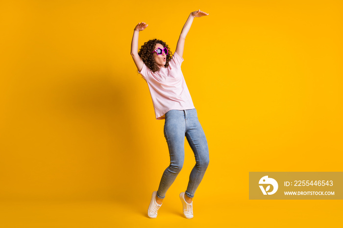 Photo portrait full body view of girl dancing making wave with whole body isolated on vivid yellow colored background