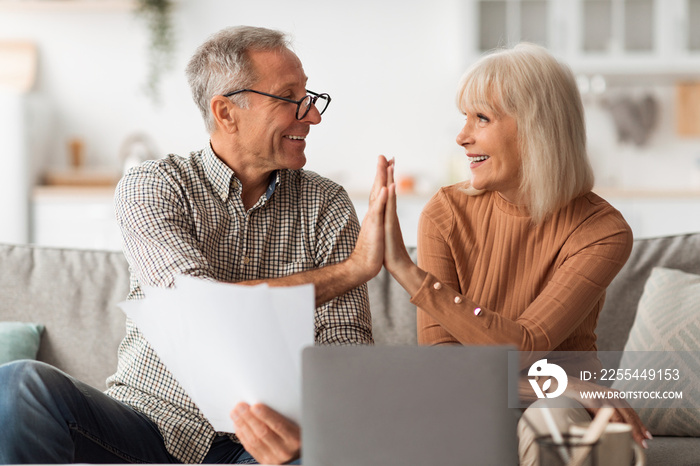 Happy Senior Couple Giving High-Five Holding Papers Reading Bills Indoor