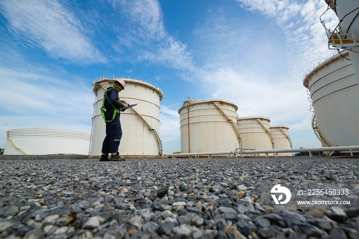 Male worker works permit industry visual inspection the row of big white tanks for petrol station