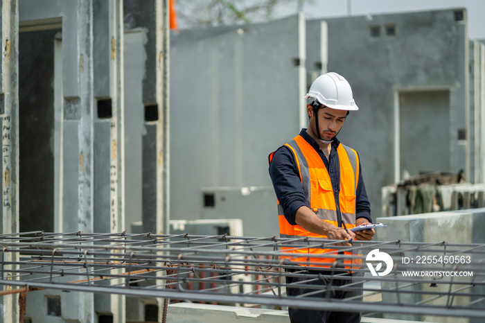 Male engineers are inspecting and controlling the work of the employees and the quality of the manufactured products to meet the standards In industrial factories producing precast prefabricated walls