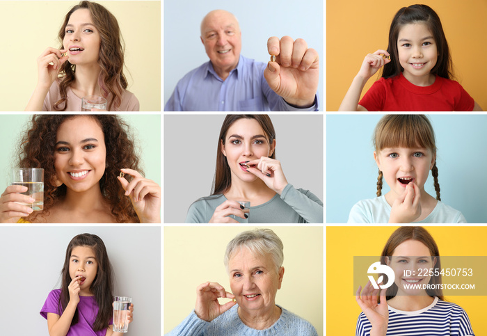 Collage of photos with different people taking fish oil pills