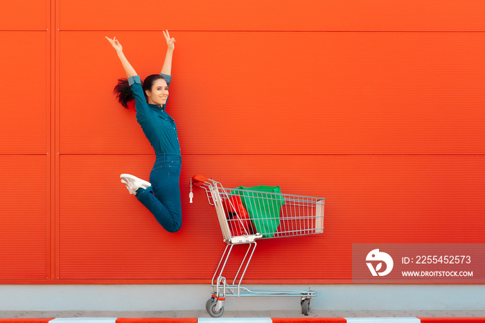 Happy Woman with Shopping Jumping with Joy