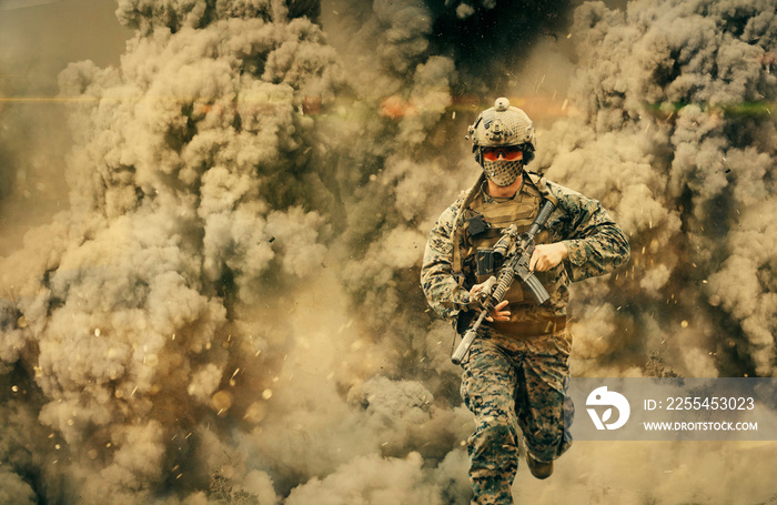 Soldier running between smoke and explosion in battle field