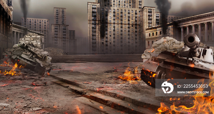 City buildings battlefied background photo with burning tanks.