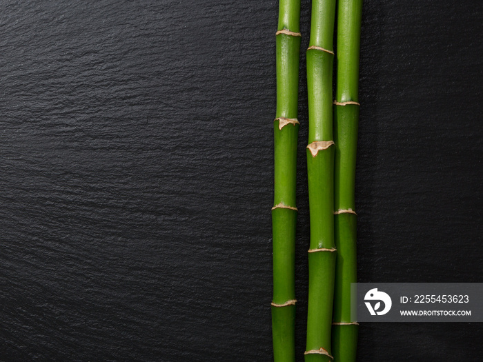 Three branches of bamboo lying on wet black slate