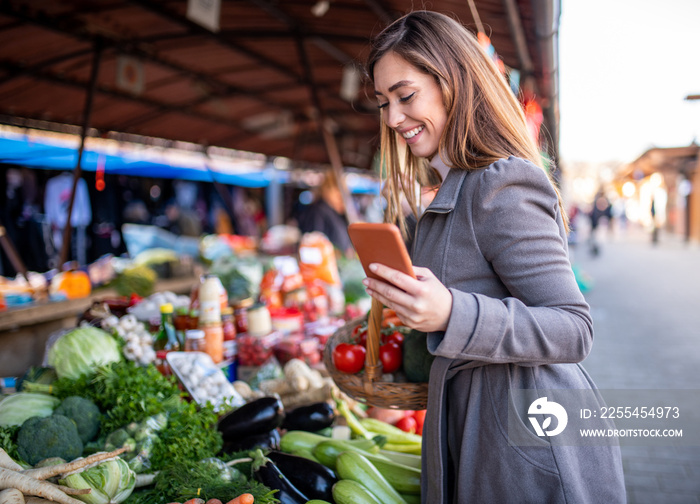 Beautiful caucasian brunette holding basket with vegetables in one hand and in other smart phone with grocery list while standing at farmer’s market.