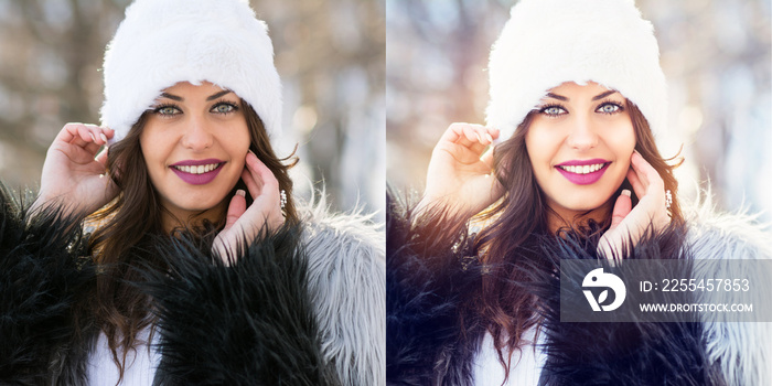 Young woman winter portrait without and with filter. No retouch and retouched version of the same photo side by side