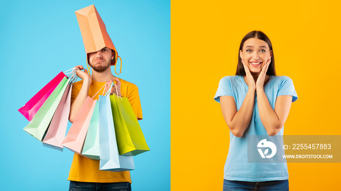 Funny couple with shopping bags at studio