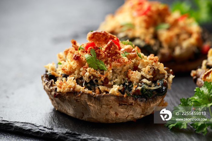 Stuffed mushrooms with spinach, bread crumbs and cheese on stone board