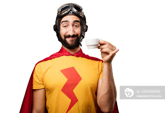 crazy super hero with coffee cup