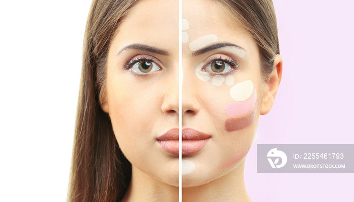 Woman face before and after professional makeup application. Facial contouring and blending makeup. Beauty concept