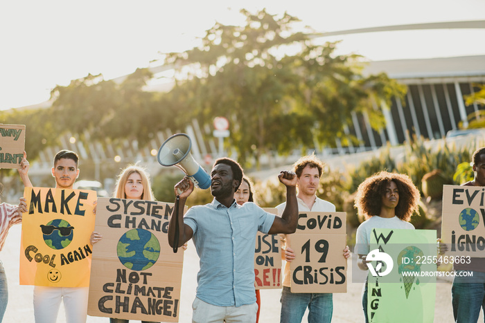 Multiracial young people fighting for climate change - Focus on african man face