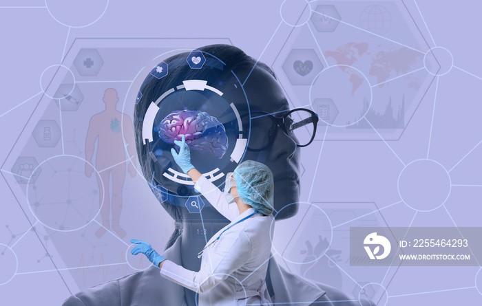 Double exposure of silhouette of woman and doctor using virtual screen on color background. Innovative technologies in medicine