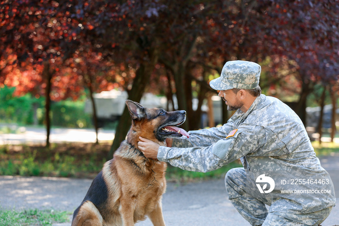 Soldier with military working dog outdoors