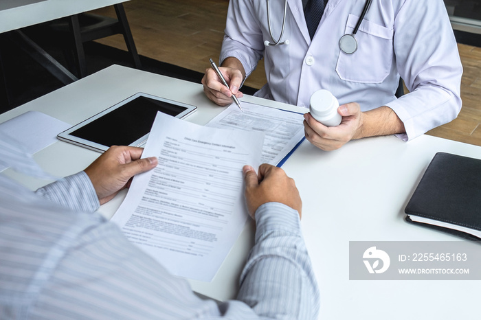 Doctor having conversation with patient while discussing explaining symptoms or counsel diagnosis health and consult treatment of disease, healthcare and assistance concept