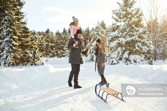 Happy family sledding in the park in winter.