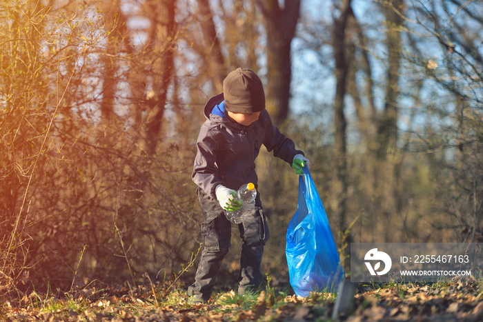 Recycle waste litter rubbish garbage trash junk clean training. Nature cleaning, volunteer ecology green concept. Young men and boys pick up spring forest at sunset. Environment plastic pollution