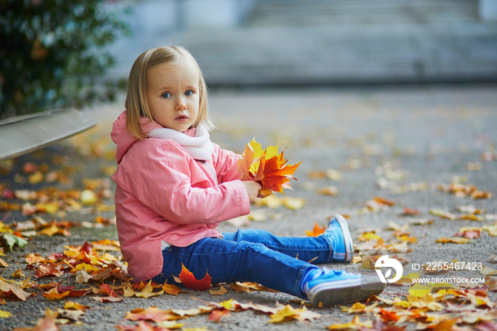 Adorable toddler girl sitting on the ground and gathering fallen leaves in autumn park