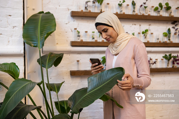 Woman wearing headscarf photographing banana leaf with smart phone