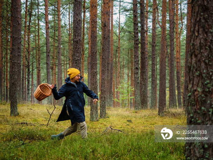 funny one person searching for a mushrooms in an autumn deep forest. mushroomer with a basket in a woods