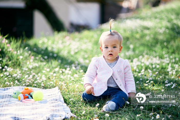 Pensive little baby girl with a ponytail on her head sitting on a green lawn among flowers near blanket with toys