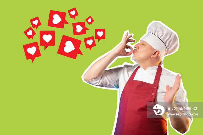 Chef gesturing. Cook makes a delicious gesture. Chef likes what he cooked. Chef man on a green background. Art collage on theme of working in a restaurant. Restaurant cook career.