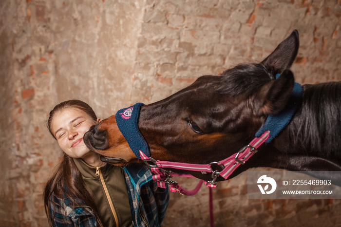 Love for the horse. The bay mare kisses her mistress. A young girl in a checkered trowel loves her horse.