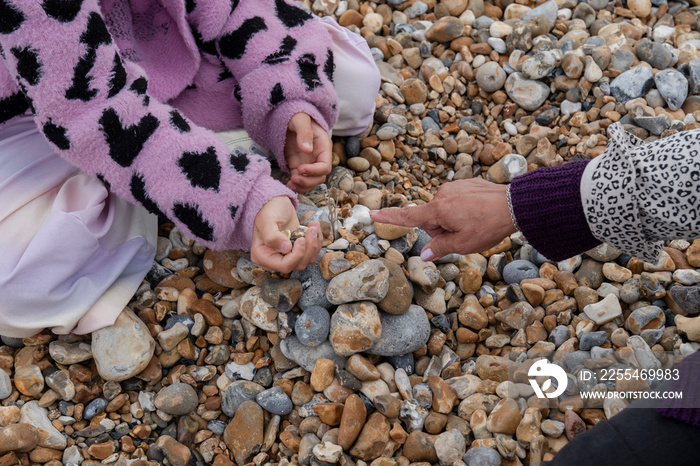 Grandmother and granddaughter playing with stones on beach
