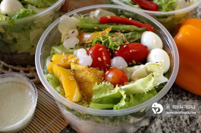 Fresh vegetable salad in an open plastic bowl packing