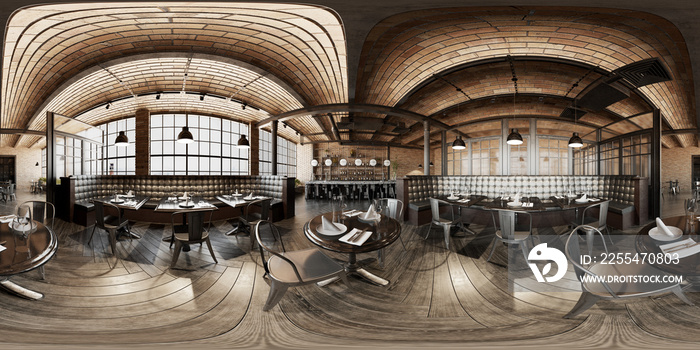 Industrial wooden brick loft caffee restaurant. 360 interior