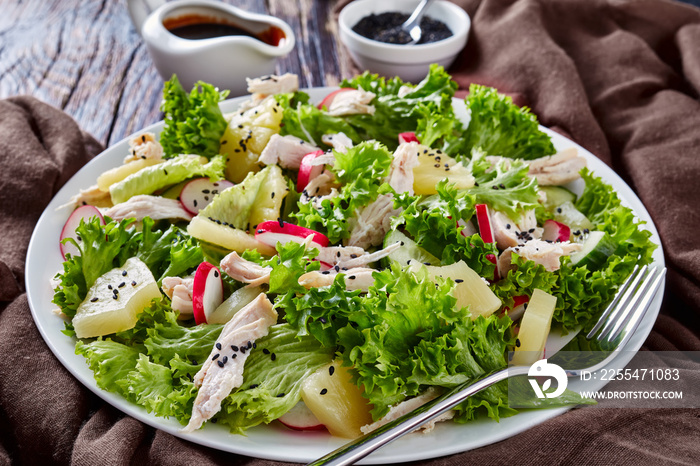 chicken, lettuce salad with ananas and veggies