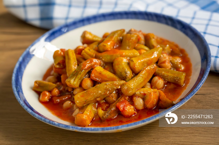 Traditional, delicious Turkish food; Okra dish (Adana style okra with chickpeas)