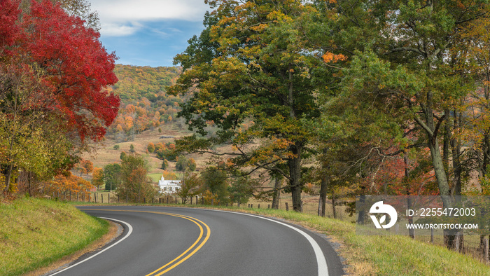 Rural Virginia Church  in Farm country in Autumn in the valleys and hills of the Appalachian Mountains