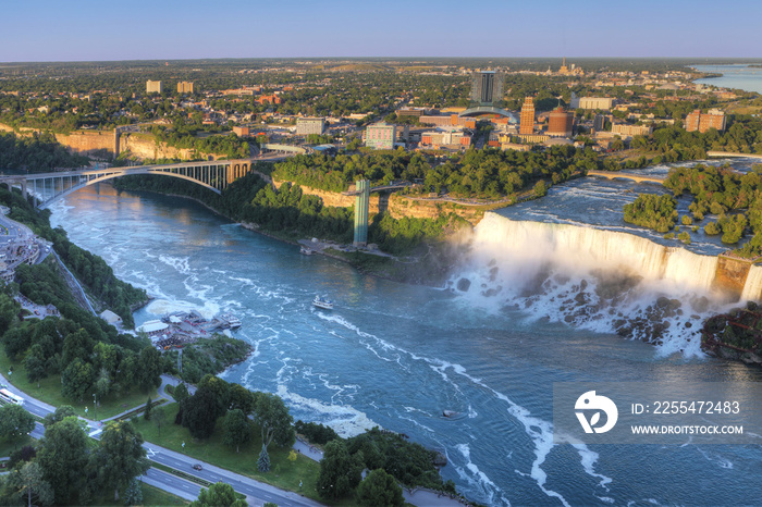 Aerial of the Rainbow Bridge and American Falls