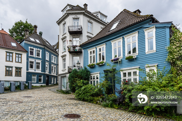 Typical Norwegian wooden house on a street in Bergen, Norway