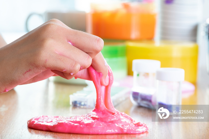 Colorful of Homemade Toy Called Slime, Kids having fun and being creative by science experiment.