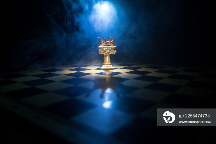 chess board game concept of business ideas and competition and strategy ideas concep. Chess figures on a dark background with smoke and fog and window with sunlight. Selective focus