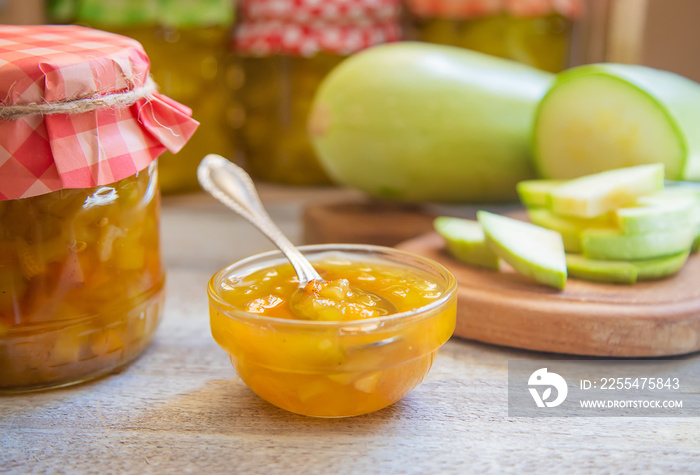 Preservation of zucchini. Zucchini jam. Selective focus.