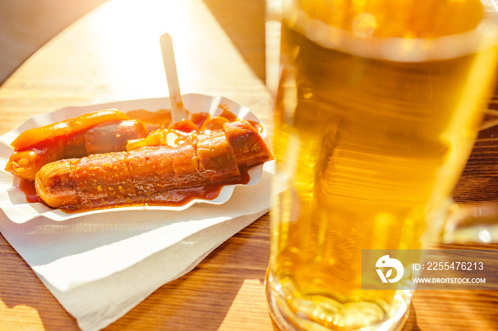 Curry wurst Sausages with beer on the table in outdoor restaurant