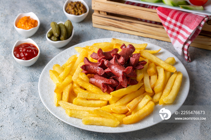 French fries and sausage fries platter (Turkish name; patates ve sosis kizartmasi)