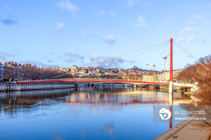 Passerelle du Palais de Justice cable-stayed pedestrian bridge over Saone river in Lyon, France