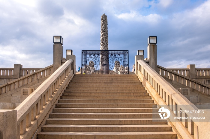 Panoramic view of The Monolith sculpture, Monolitten, in Vigeland Park open air art exhibition - Vigelandsparken - within Frogner Park in Oslo, Norway