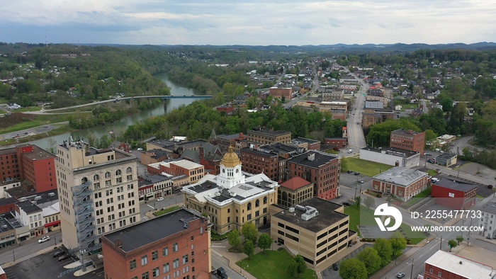 The Marion County courthouse in Fairmont, WV, and the surrounding small town and countryside in the appalachian mountains.